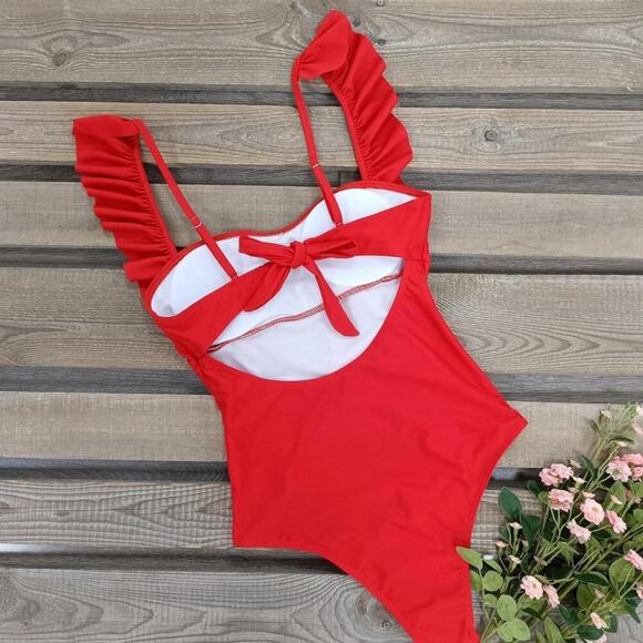 Red One Piece Swimsuit With Ruffles- Size Medium - Picture 6 of 6
